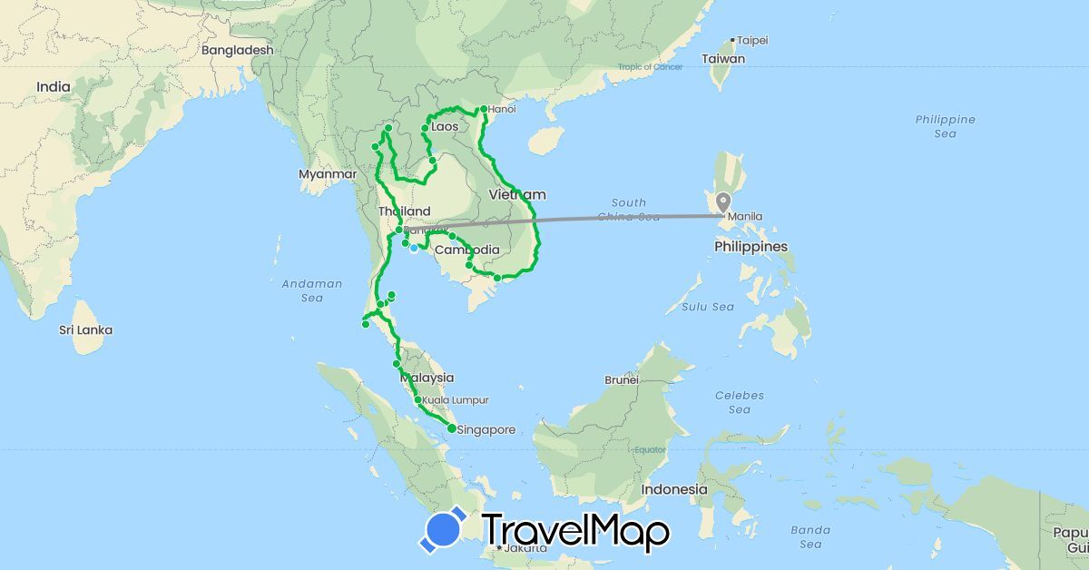 TravelMap itinerary: driving, bus, plane, boat in Cambodia, Laos, Malaysia, Philippines, Singapore, Thailand, Vietnam (Asia)